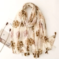 Elegant floral linen-feel scarf with tassels and reddish-brown botanical print patterns - Beige Base Brown & Purple Floral (SL2209-011)