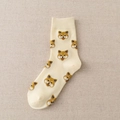 Cream yellow mid-calf socks with cute Shiba Inu patterns and ribbed cuffs for women - Off-white (Shiba Inu)
