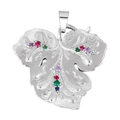 Silver leaf pendant featuring vibrant red, purple, green and blue inlaid crystals - Style 20 (Silver Leaf Shape Multi Gem)