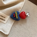 Detail of three-heart hair clip with blue denim, red glaze, and silver metal finish - Red and Blue Denim Heart Style
