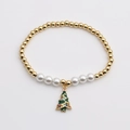 Bracciale natalizio dorato con perle bianche e ciondolo albero in smalto verde da donna - Albero di Natale