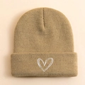 Khaki ribbed knit beanie with white embroidered heart detail in a stylish Korean style - Khaki