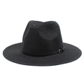 Detalle de sombrero fedora de paja negra con ala ancha plana y hebilla plateada - M (56-58cm) / Negro