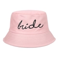 Pink cotton bucket hat featuring elegant black bride script embroidery for bridal parties - Pink Bride