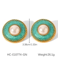 Detail of vintage mint green enamel earrings with pearl inlay and golden frame - Mint Green Pearl Round Style (HC-E10774-GN)