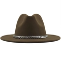 Dark brown wool fedora hat featuring a stylish silver metal chain band decoration - Khaki