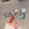 Eleganter silberner Ginkgoblatt-Haarclip mit Katzenaugenstein und Kristallen - Ginkgo / Silber/Schwarz