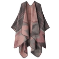 Double-sided pink and gray plaid cashmere-like shawl poncho with soft knit texture - Colorful Checkered Light Brown