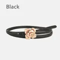 Fine ceinture noire en cuir véritable pour femme avec boucle florale en métal or rose - Noir