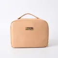Hanging makeup bag in acorn color PU leather with gold MAKEUP plate and handle - Acorn Color (Leather Handheld)