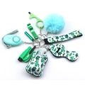 Detail view of turquoise keychain set with cactus pattern neoprene sleeves and fuzzy ball - Turquoise Cactus (Style 23)