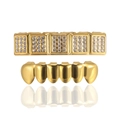Gouden hiphop grillz set met fonkelende steentjes boven en gladde ondertanden - Goud