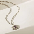 Collana da donna con ciondolo occhio del diavolo viola chiaro in acciaio placcato oro 18k - Argento