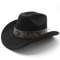 Cappello da cowboy vintage in lana nera con fascia in pelle ricamata e dettaglio turchese - M (56-58cm) / Nero