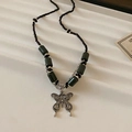 Retro silver butterfly necklace with dark green beads and black beaded chain strand - Vintage Silver/Butterfly Pendant