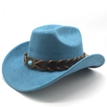 Detail of blue suede cowboy hat featuring woven leather band and turquoise stone accent - M (56-58cm) / Teal