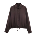 Elegant brown satin long sleeve shirt with adjustable drawstring hem and lapel design - XS / Coffee