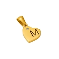 Close-up of heart-shaped gold pendant with cutout letter M and sparkling crystal - Letter M