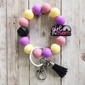 Pastel pink, purple, and yellow silicone bead bracelet keychain with 'girl mom' pendant - 3 (Girl Mom Pink Purple Yellow Black)