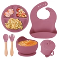6-piece dark pink silicone baby feeding set with suction plate, bowl and bib - 6-Piece Set with Wooden Handle / Brick Red