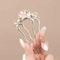 Pic à cheveux en U avec fleurs en émail rose, feuilles vertes et perles nacrées - Fleur de Pêcher Rose Émaillée (119#)