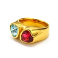 Macro view of double heart-shaped blue and red gemstones set in a gold band - US 6 / Gold (Blue/Ruby Heart)