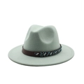 Detail of wide brim fedora hat featuring a brown leather band with boho beaded accents - Mint Green