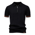 Detail van zwart gebreid poloshirt met oranje gestreepte mouw en rits bij de kraag - S / Stijl met ritskraag / Zwart