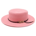 Chapeau de paille rose à toit plat pour femme avec cordon noir et chaîne dorée - M (56-58cm) / Rose Poudré