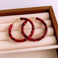 Vintage style red and black fabric wrapped hoop earrings with gold metal clasp - 80# Silver Earring Post - Red - Red Black Stripe Wrapped Hoop