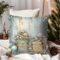 Elegant blue and gold Christmas throw pillow cover with festive holiday gift illustration - TQDS68-4(Festive Gift Box)