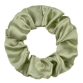 Detail of sage green satin scrunchie showing smooth fabric texture and soft sheen - Olive Green