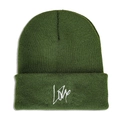 Close-up of white LOVE embroidery on dark green knit beanie showing texture detail - M (56-58cm) / Army Green