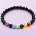 Braided chakra bracelet with black onyx beads and seven colorful natural stones - Polished Black Agate with 7 Chakra Elastic Bracelet - jw37