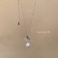 Elegant silver butterfly pendant necklace with a round pearl on a fine link chain - X1665 Silver - Carved Butterfly Pearl