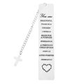Macro shot of silver stainless steel bookmark with bible verses and cross charm detail - A11-Cross Beautiful