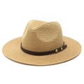 Straw Panama hat with brown leather band and copper buckles for sun protection - M (56-58cm) / Khaki
