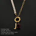 14K gold plated titanium steel necklace with white pearls, red crystal, and letter J pendant - Gothic Letter J