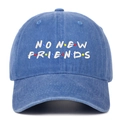Close-up of NO NEW FRIENDS embroidery on blue washed denim baseball cap with color dots - One Size / Light Blue