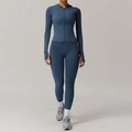 Women's 3-piece dusty blue athletic yoga set with hooded zip jacket and leggings - S / Top And Bottom / Navy Blue