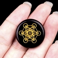 Metatron Cube engraved black agate stone pendant with gold sacred geometry symbol - Obsidian