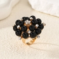 Adjustable golden cocktail ring featuring clustered black pearls and sparkling rhinestones - Adjustable Open / Black (KC Gold Stem)