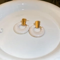 Elegant gold and pearl-white geometric heart hoop earrings with minimalist design - Steel Earring Post Enamel Round Studs