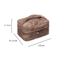 Brown nubuck PU leather travel makeup bag with top handle and 23cm length detail - New Coffee Denim Texture