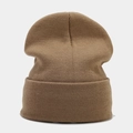 Close-up detail of high-quality dark camel ribbed knit texture and cuffed edge of the beanie - Dark Khaki
