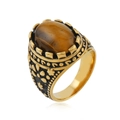 Vintage golden stainless steel ring featuring a large oval brown tiger eye gemstone - 9 / Brown Turquoise