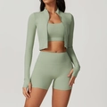 Three-piece yoga set in sage green with zippered jacket, sports bra, and high-waist shorts - Long Sleeve + Bra + Shorts Bean Green