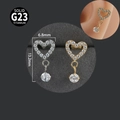 Macro detail of G23 titanium heart studs with dimensions and silver or gold finish - NO-4/Heart Round Zircon Pendant / Steel