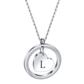 Detail of a stainless steel necklace with round frame and heart pendant engraved with letter L - L