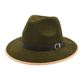 Olive green wool fedora hat with black leather band and silver buckle on white background - M (56-58cm) / Army Green